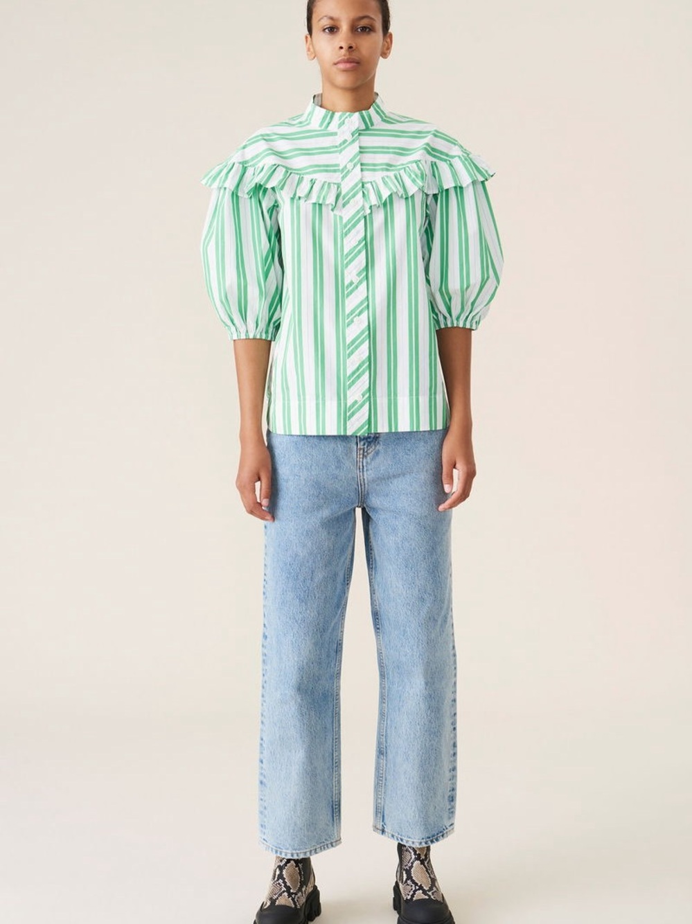 GANNI striped  organic cotton shirt green and white pattern size 36 = size S